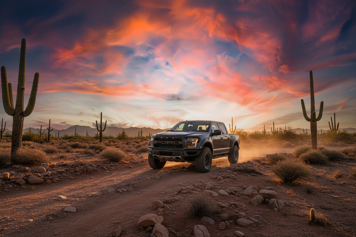 ford raptor in the southwest desert, cactus in the back ground with the sun setting 